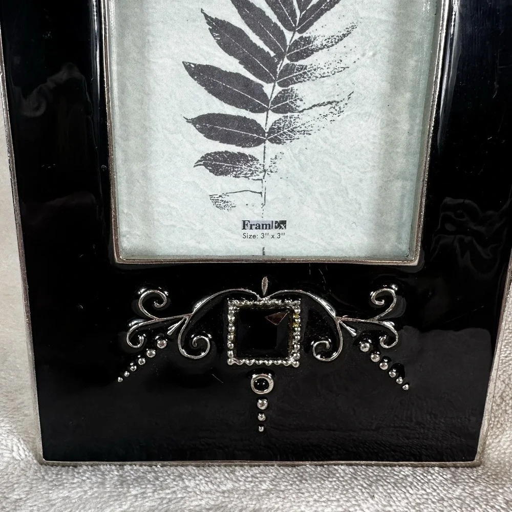 Decorative Black Glass Photo Frame Silver Small  Scroll Accent 3x3